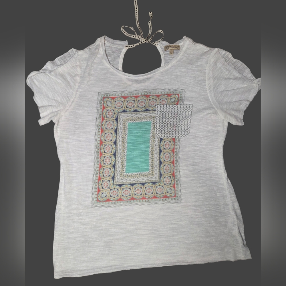 Democracy White Tee with Colorful Pattern